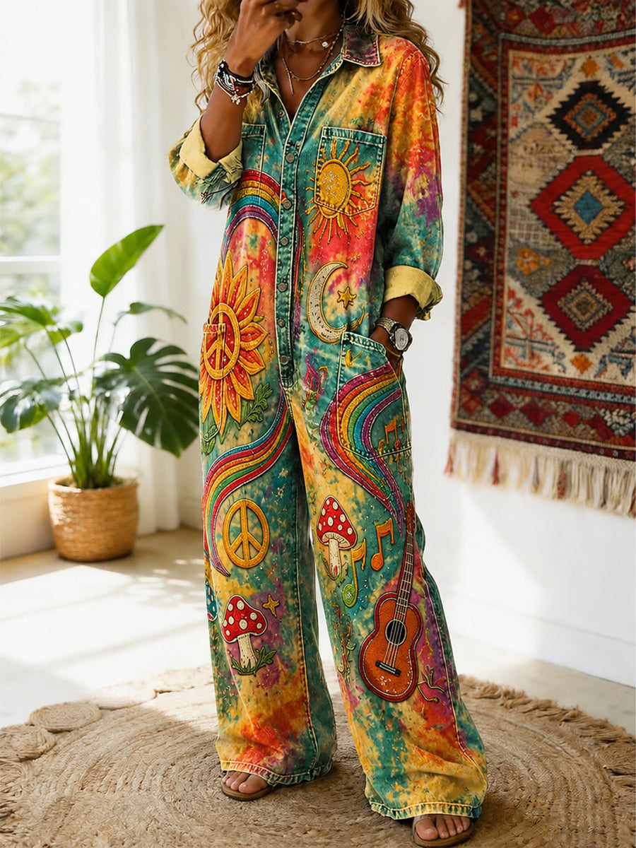 Women's Retro Style Art Print Washed V-Neck Cotton Denim Patchwork Jumpsuit
